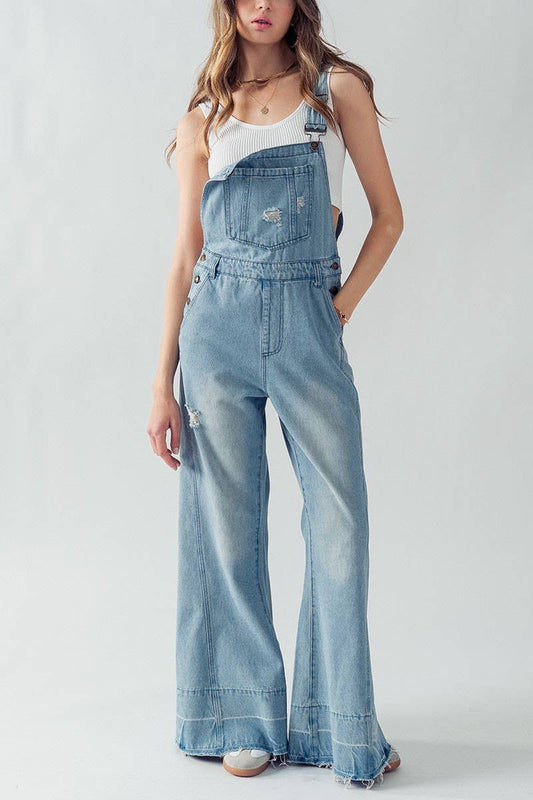 DISTRESSED WIDE LEG FLARE DENIM OVERALLS