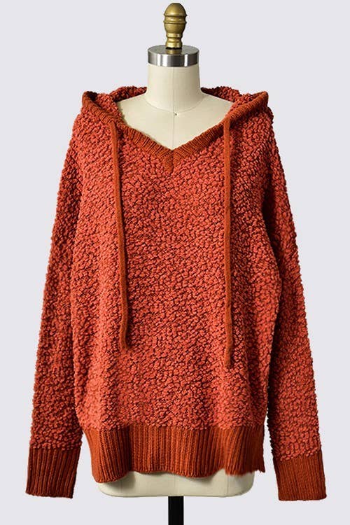 DROPPED SHOULDER HEM SOFT TOUCH SWEATER HOOD WITH SIDE SLIT