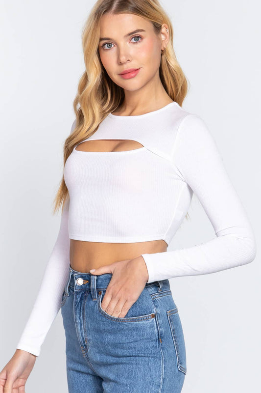 FITTED LONG SLV KEYHOLE CROP KNIT TOP