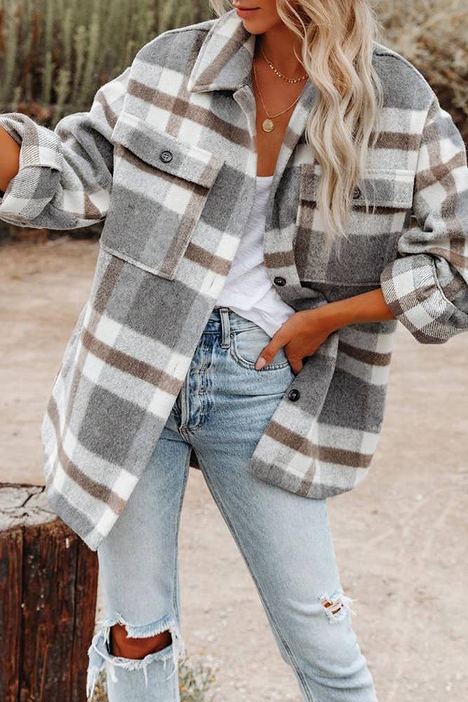 Plaid Flannel Shacket Jacket Women TOPW1118-K1