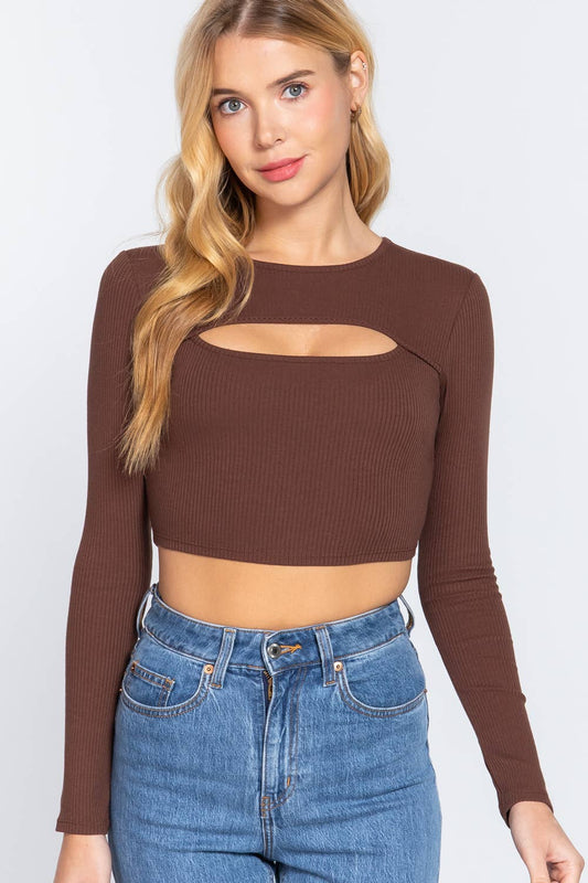 FITTED LONG SLV KEYHOLE CROP KNIT TOP