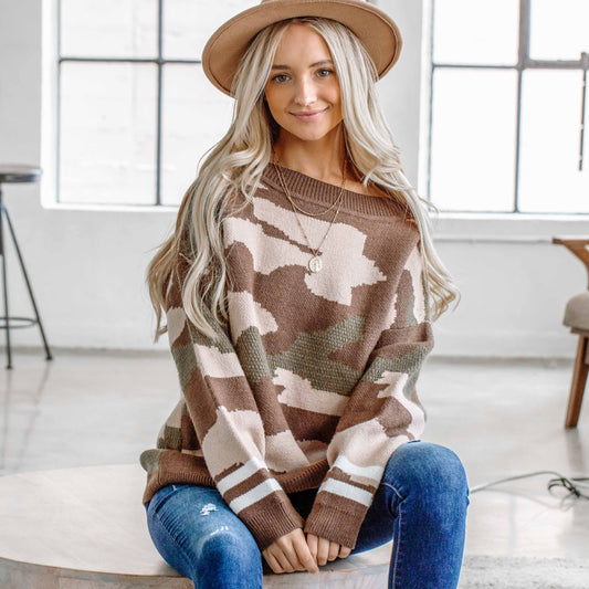 Camo Sweater Top with Stripe Detailed Cuffs