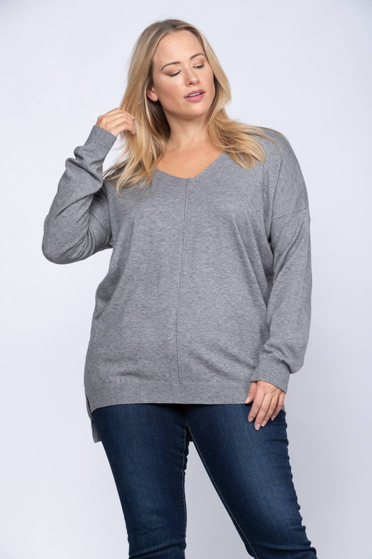 HEATHER GREY KNIT PULLOVER SWEATER *plus